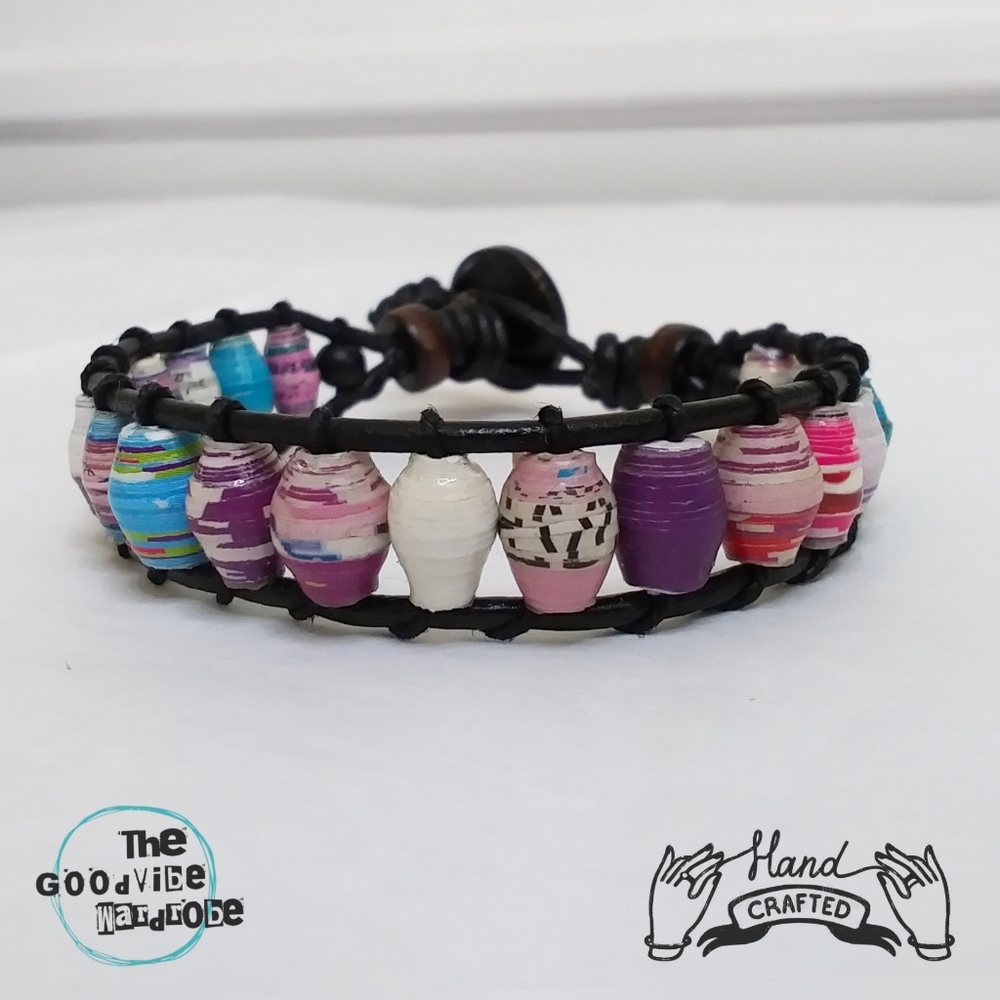 Ugandan Recycled Paper Beads/Hemp/Leather Bracelet